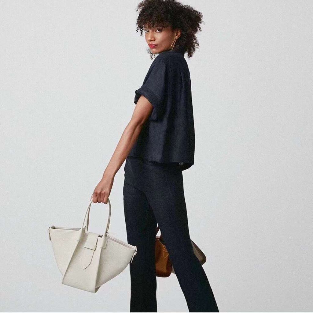 Large Square Commuter Tote Handbag | Top Handle Handbag In Leather White