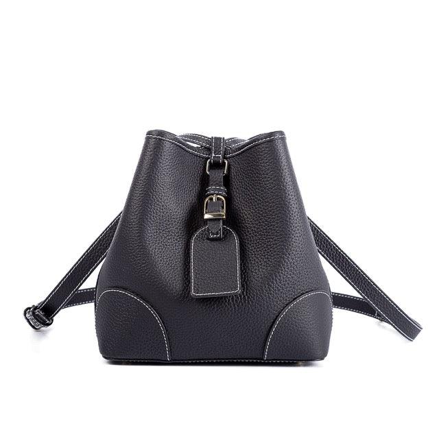 Black Top Grain Cow Leather Mini Drawstring Commute Bucket Handbag | Crossbody Bag Handbag