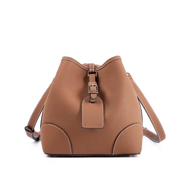 Brown Top Grain Cow Leather Mini Drawstring Commute Bucket Handbag | Crossbody Bag Handbag