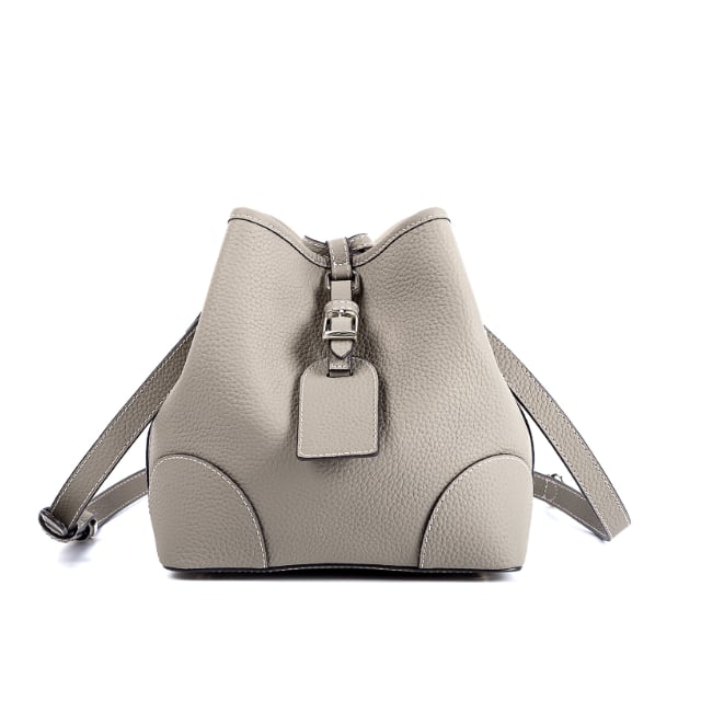 Grey Top Grain Cow Leather Mini Drawstring Commute Bucket Handbag | Crossbody Bag Handbag