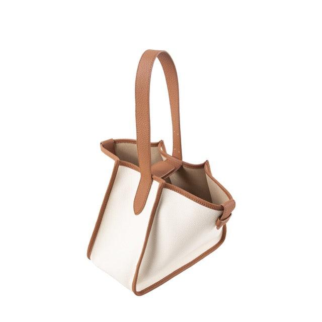 Large Square Commuter Tote Handbag | Top Handle Handbag In Canvas & Leather White & Brown