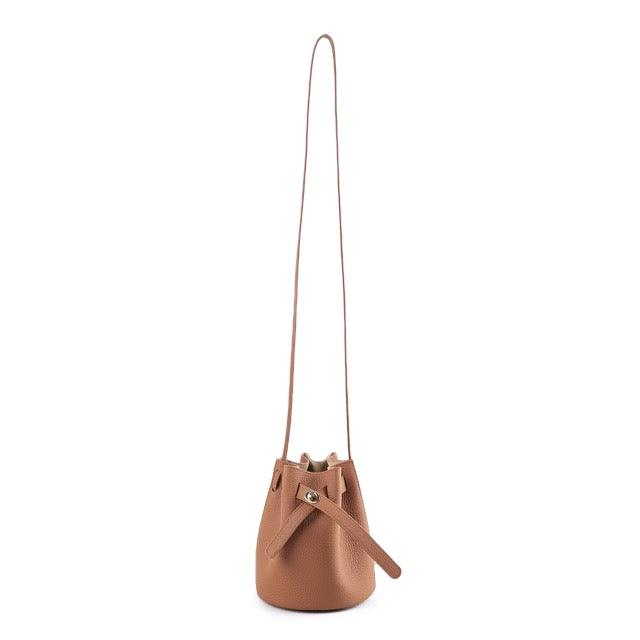 Brown Semi Handmade Top Grain Cow Leather Lock Mini Bucket Handbag | Crossbody Bag Handbag