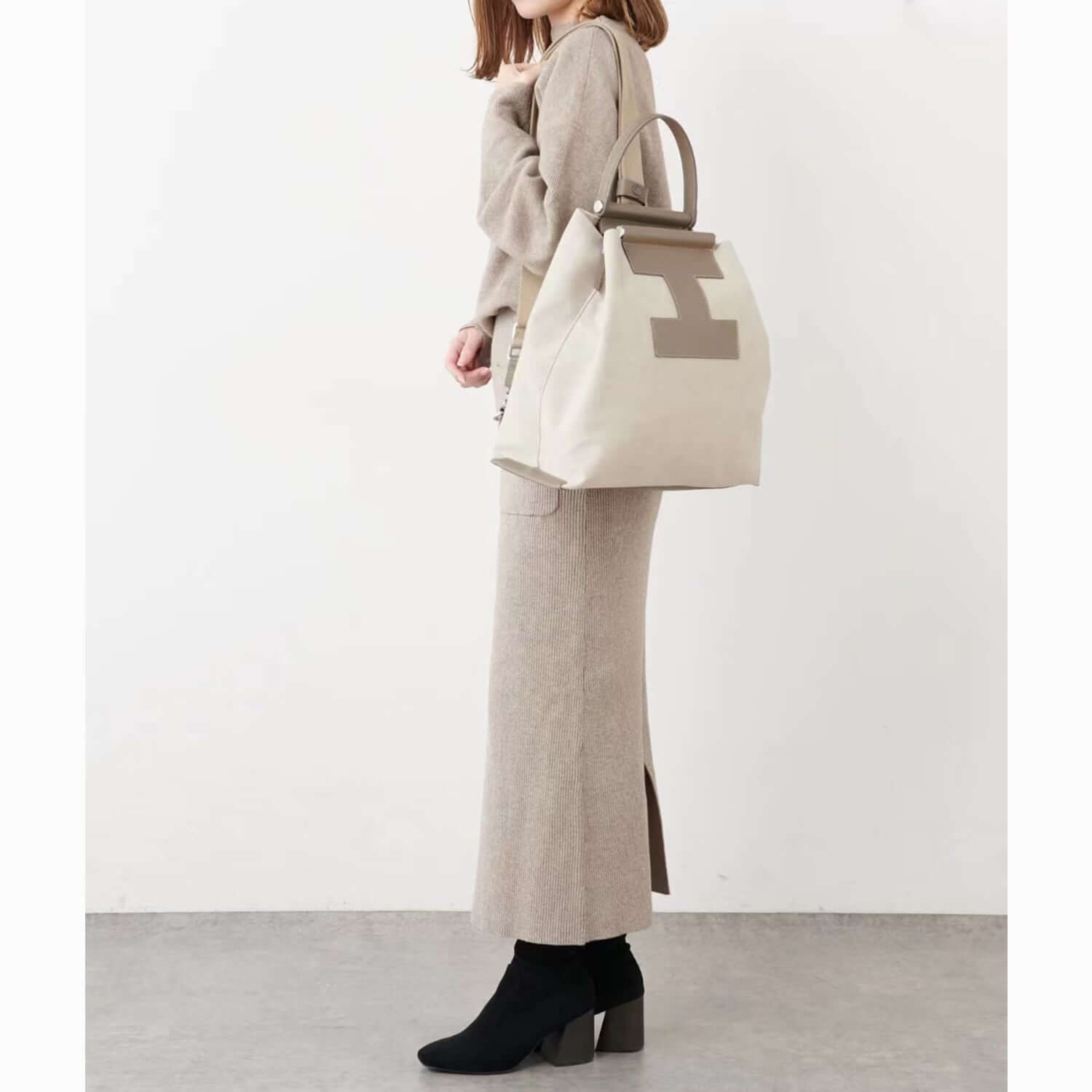 Ina Variety Tote Handbag In Leather & Canvas Khaki