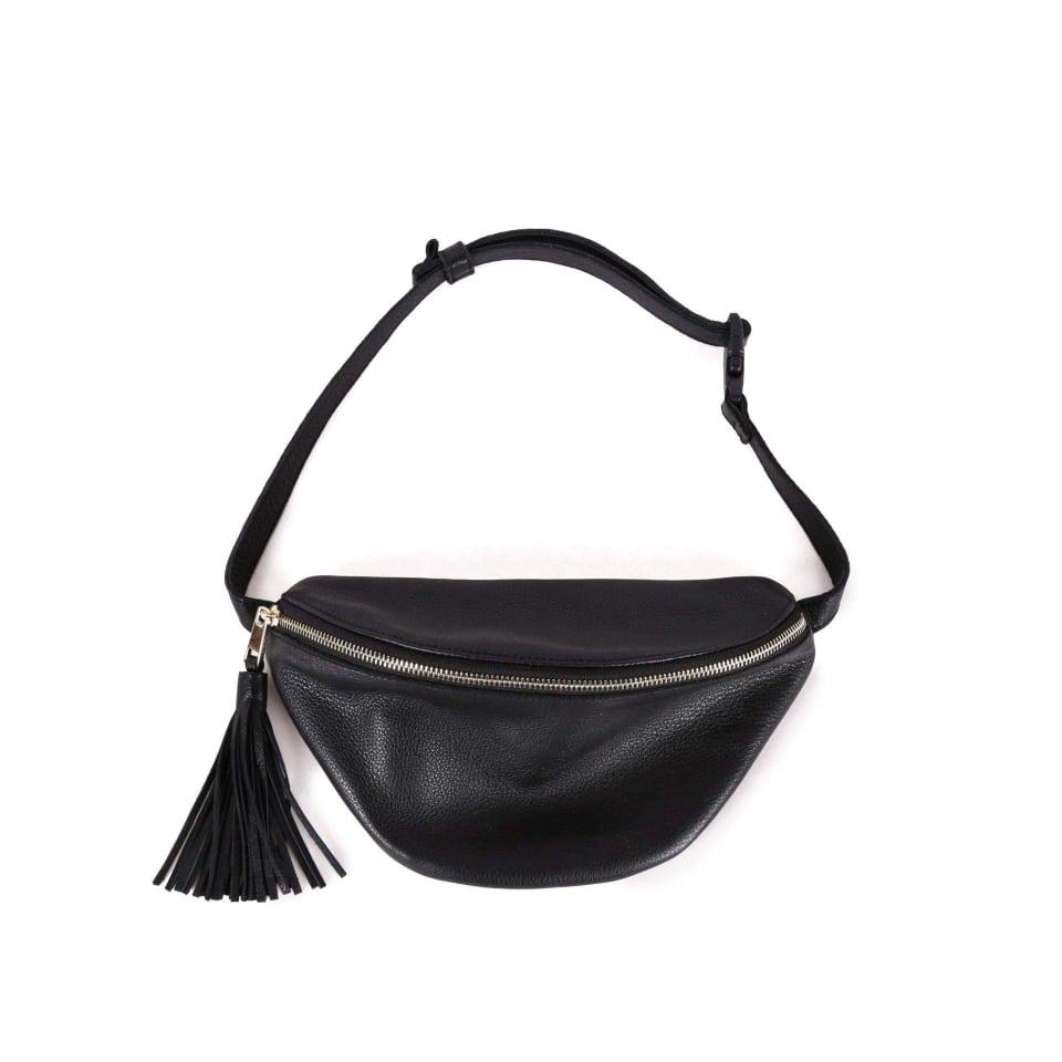 Black Top Grain Cow Leather Fanny Pack | Anti Theft Body Handbag