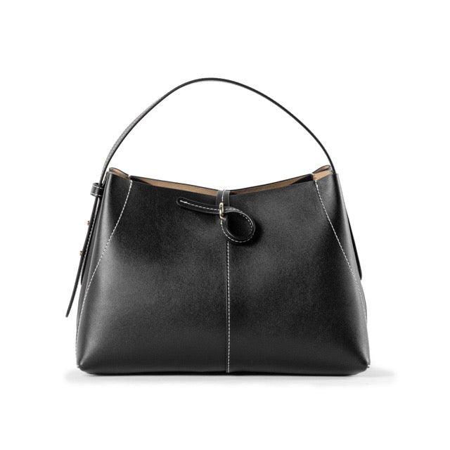 Black Top Grain Cow Leather Large Capacity Commuter Handbag | Handbag