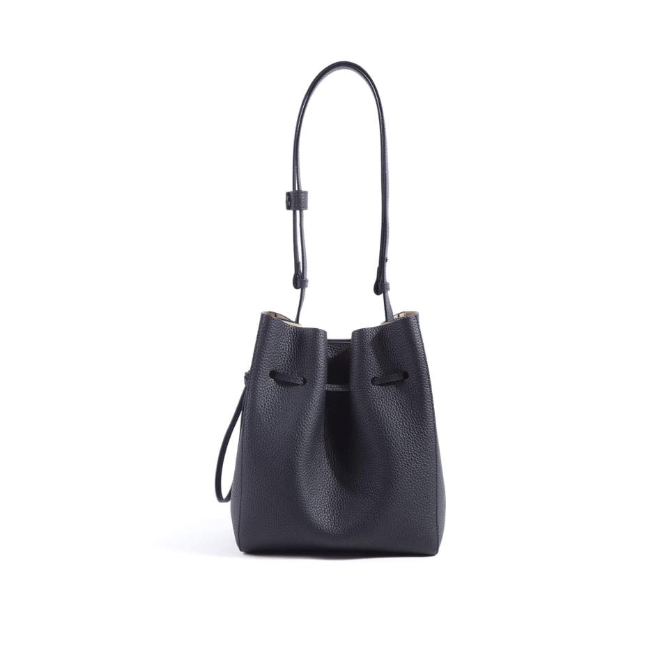 Black Top Grain Cow Leather Portable Drawstring Bucket Handbag