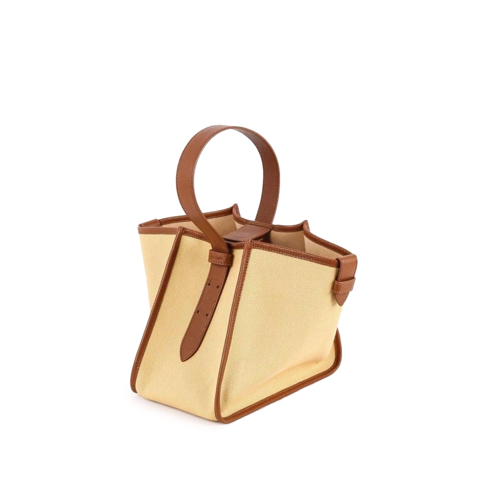 Large Square Commuter Tote Handbag | Top Handle Handbag In Canvas & Leather Brown & Khaki