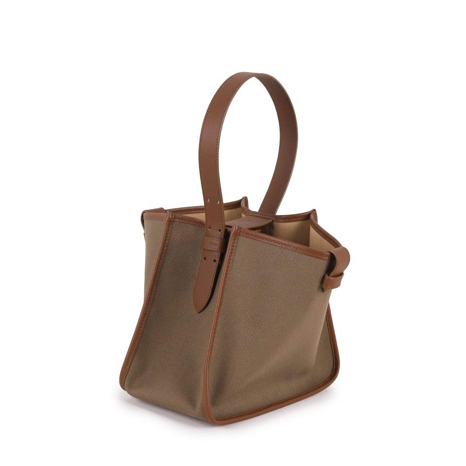 Large Square Commuter Tote Handbag | Top Handle Handbag In Canvas & Leather Dark Brown & Khaki