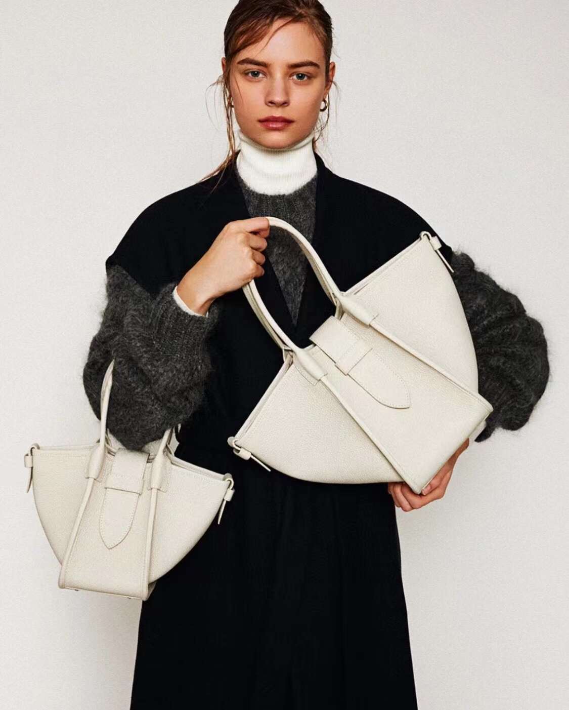 Large Square Commuter Tote Handbag | Top Handle Handbag In Leather White