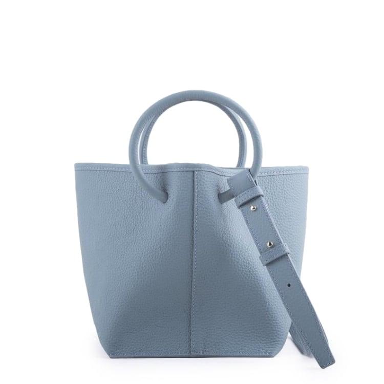 Blue Top Grain Cow Leather Large Capacity Square Bottom Bucket Tote Handbag | Handbag | Shoulder Handbag | Crossbody Bag Handbag