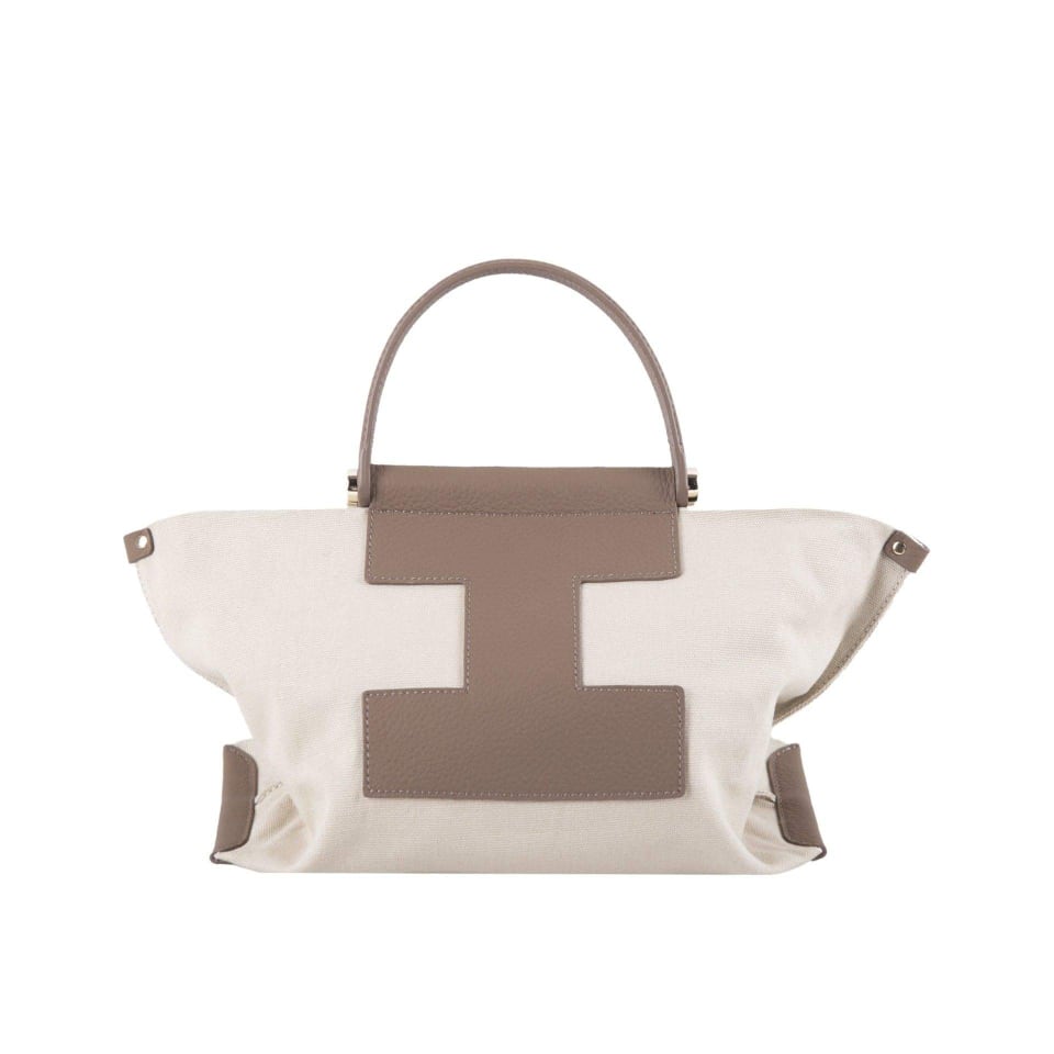 Ina Mini Tote Handbag In Leather & Canvas Khaki & White