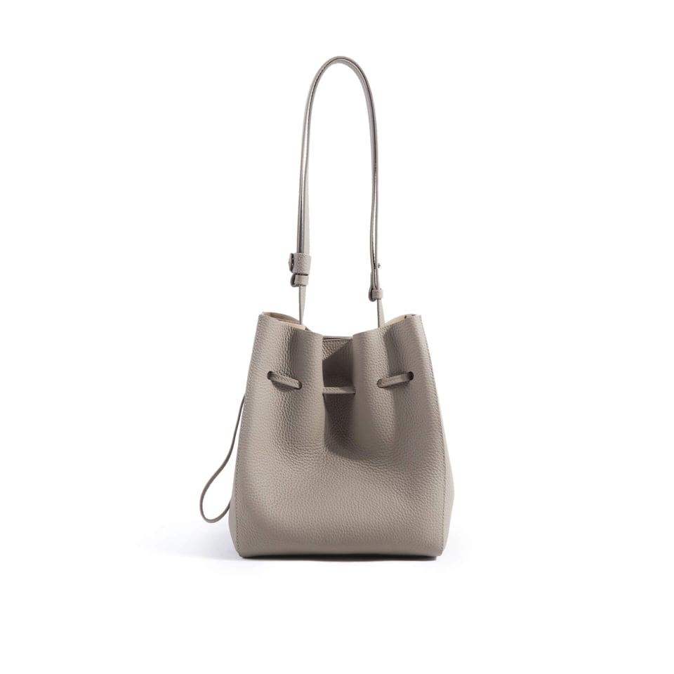 Khaki Top Grain Cow Leather Portable Drawstring Bucket Handbag